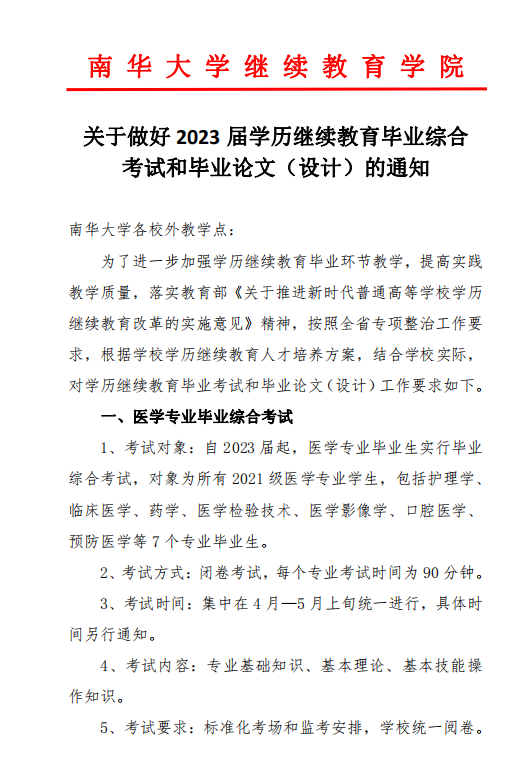 南華大學(xué)關于做(zuò)好 2023 屆學(xué)曆繼續教育畢業綜合 考試和(hé)畢業論文（設計）的(de)通知